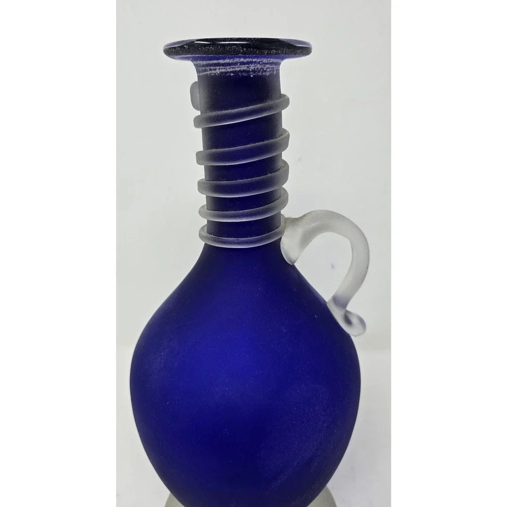 Vtg Murano Italian Scavo textured hand blown art glass cobalt blue vase pitcher